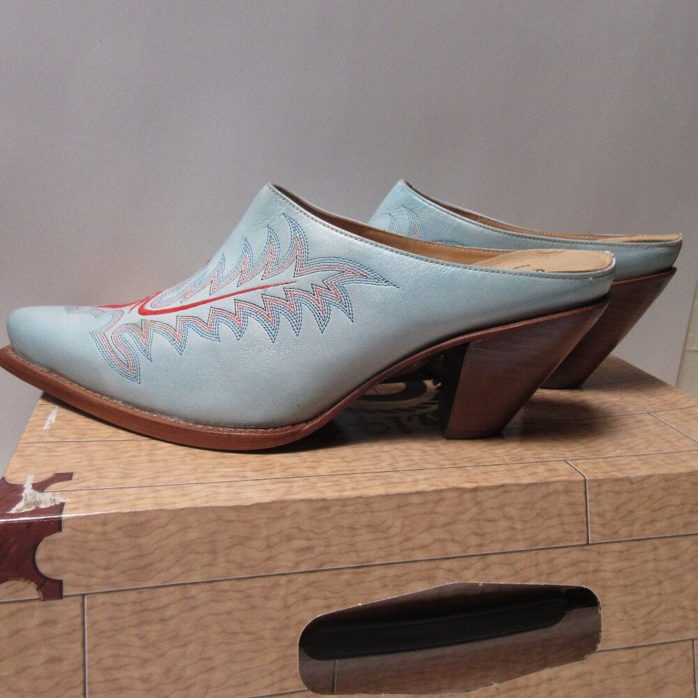 Lucchese Light Blue & Red Embroidered Leather Mules - Picture 10 of 11